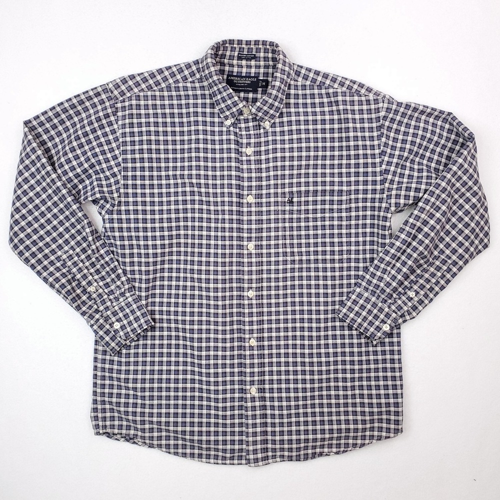 American Eagle Shirt Mens Medium Blue Plaid Button Down Rugged Oxford Casual